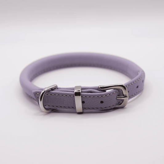 rolled soft leather dog collar Lilac with silver fittings