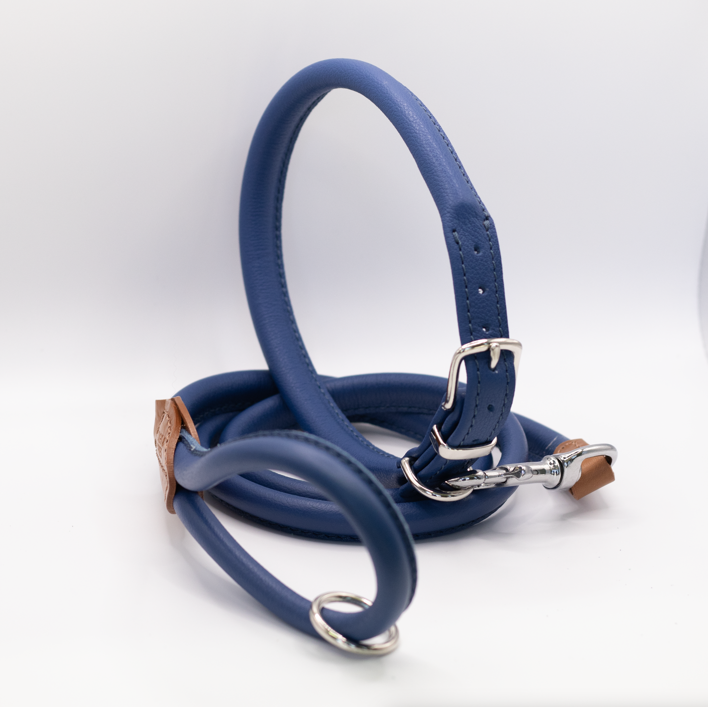 Rolled Soft Leather Dog Collar Electric Blue