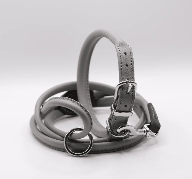Rolled Soft Leather Dog Collar Grey