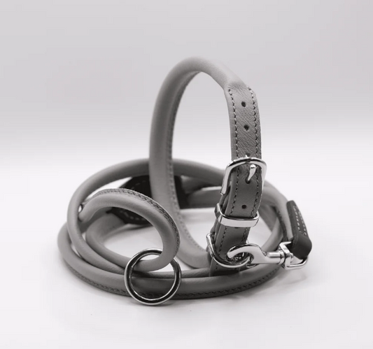 Rolled Soft Leather Dog Collar Grey