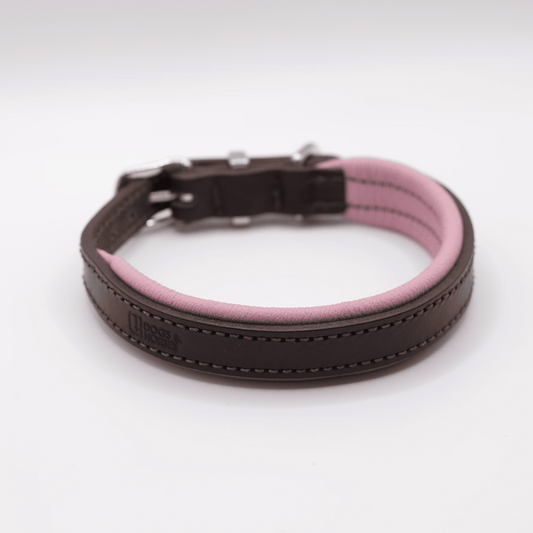 Padded Leather Dog Collar Brown and Pink