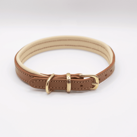 Padded Leather Dog Collar Tan and Cream