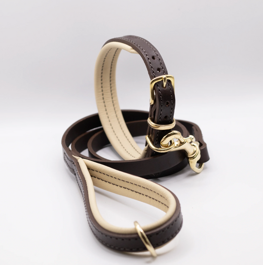 Padded Leather Dog Collar and Lead Set Brown and Cream