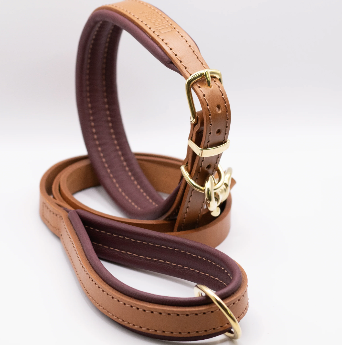 Padded Leather Dog Collar Tan and Merlot