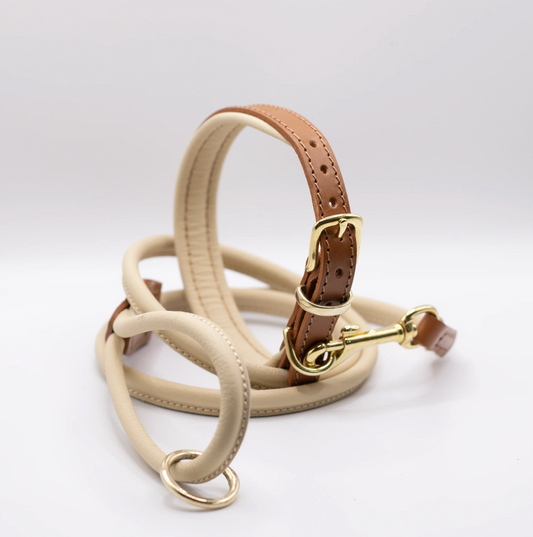Padded Leather Dog Collar and Rolled Lead Set Cream