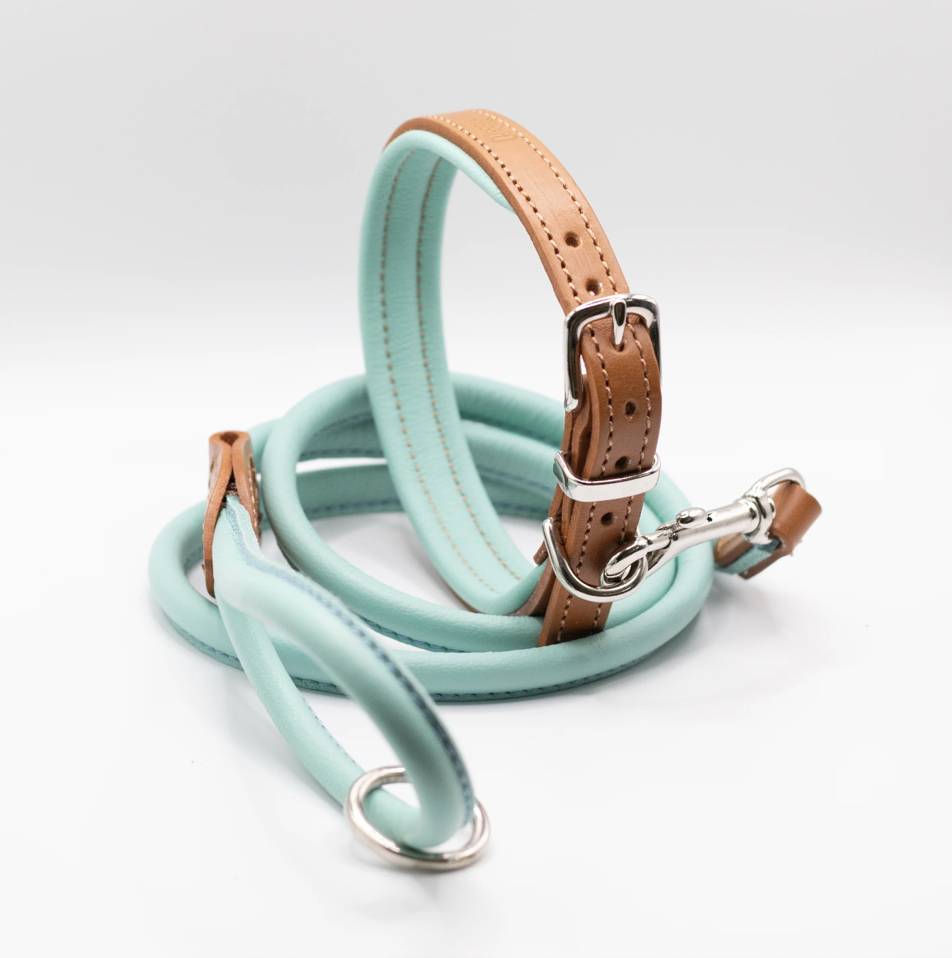 Padded Leather Dog Collar Tan and Aqua