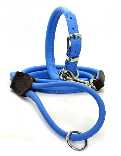 Rolled Soft Leather Dog Collar Blue
